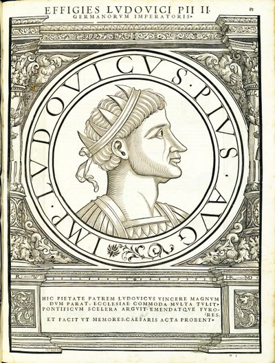 Ludouicus Pius, illustratie uit Imperatorum romanorum omnium orientalium et occidentalium verissimae imagines ex antiquis numismatis, houtsnede door Rudolph Wyssenbach, gedrukt door Andreas Gesner, Zürich door Hans Rudolf Manuel Deutsch